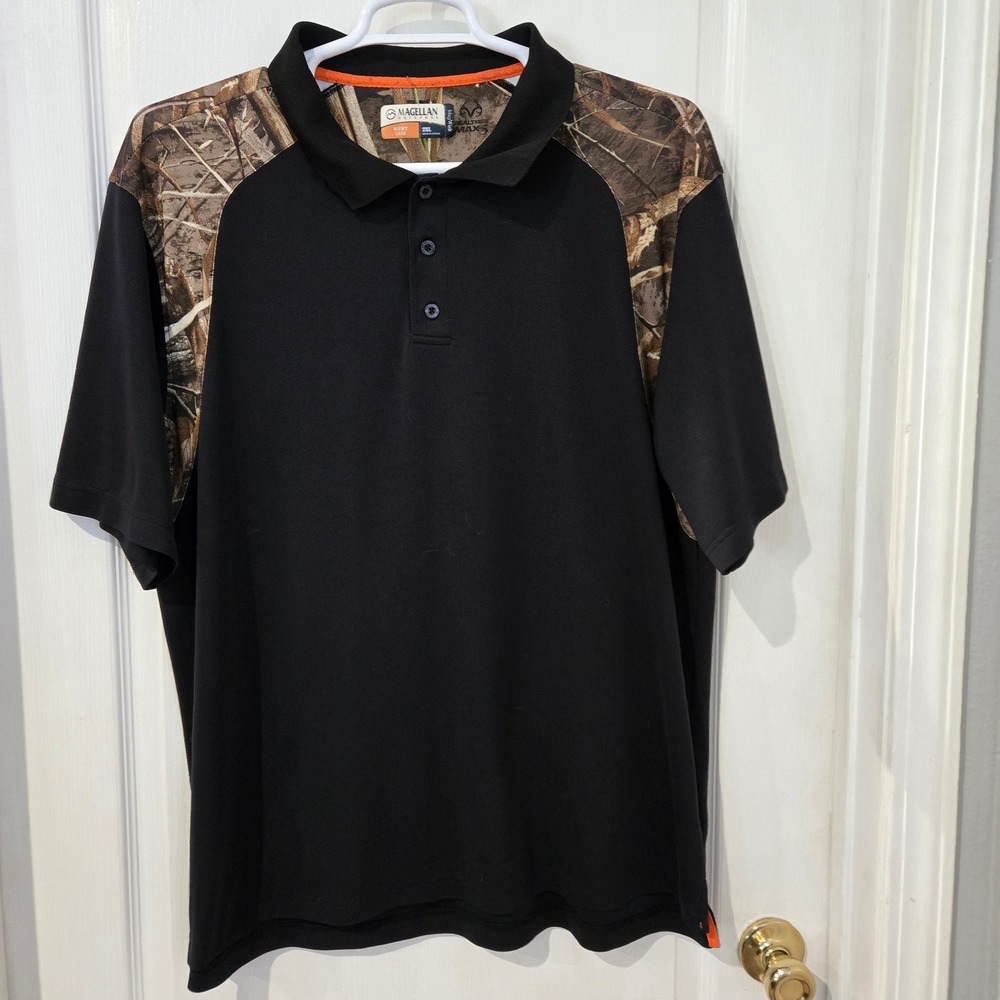 Magellan Outdoors Polo Shirt Mens 2XL Black Good Realtree Camo MagWick Hunt Gear